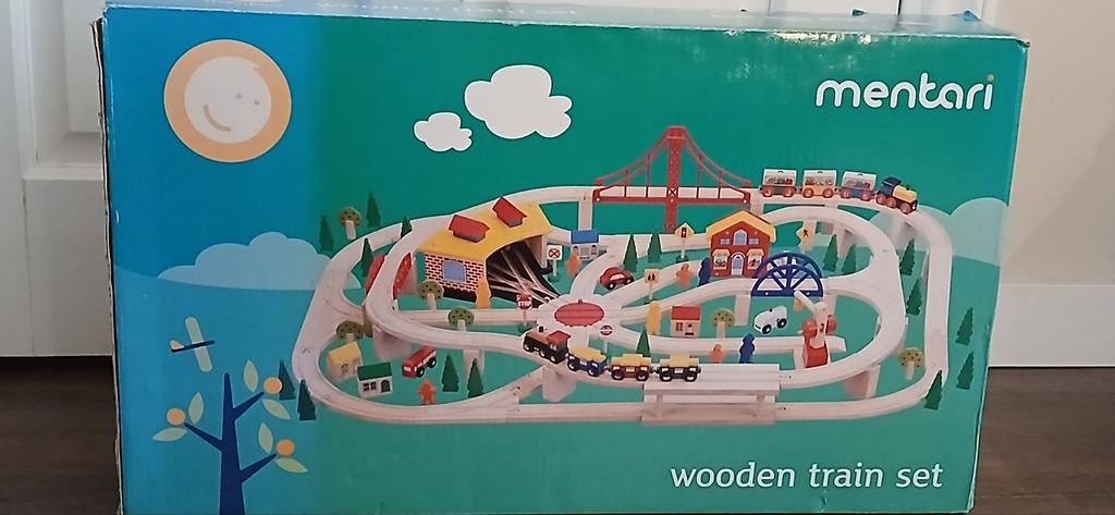 Mentari houten treinbaan,130 delige set, Ophalen, Nieuw, Rij- of Hobbelspeelgoed