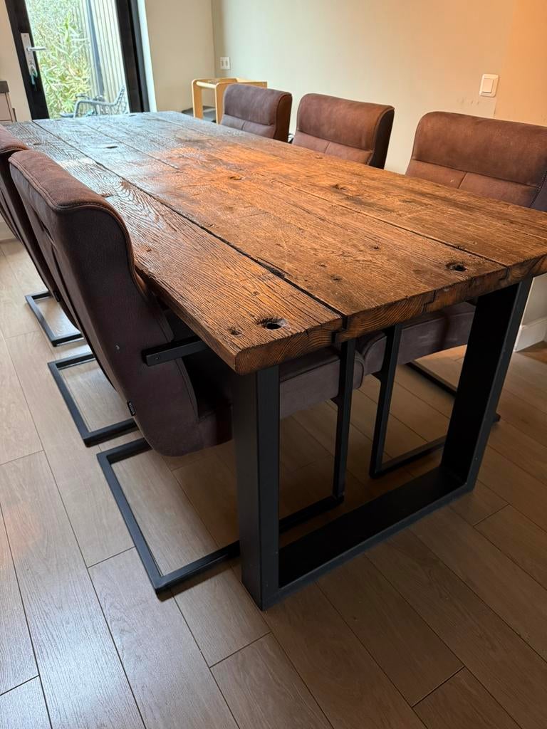 Industriële Eettafel 240 cm– Massief Wagonhout– Stalen Frame, Ophalen, 200 cm of meer, 50 tot 100 cm, Zo goed als nieuw