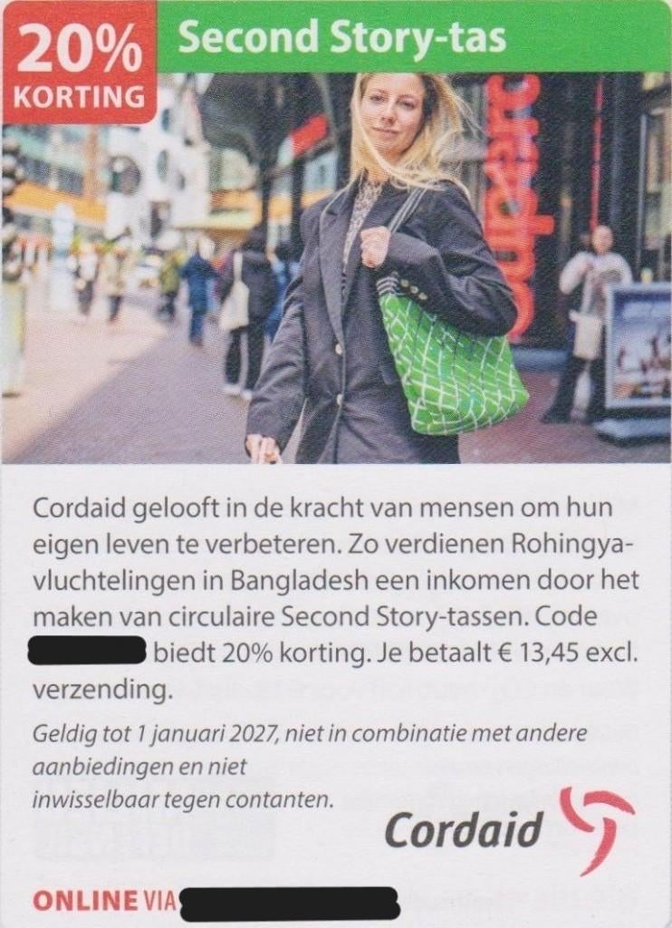 Second Story-tas. 20% is €13,45 korting. Postcodeloterij bon, Eén persoon, Kortingsbon