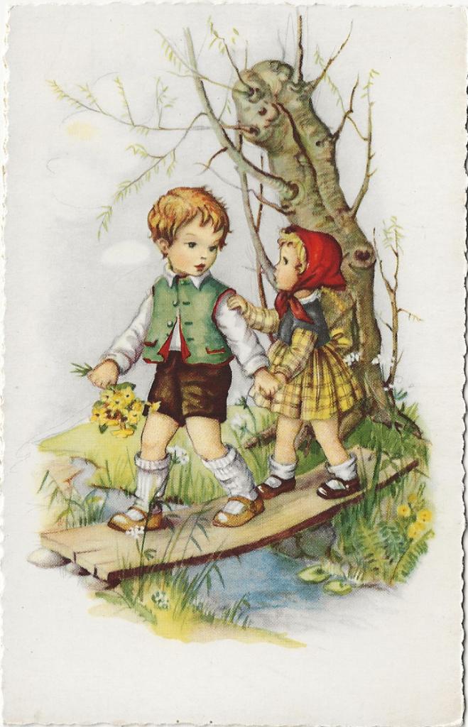 Jongen en meisje lopen over een bruggetje – Fabig Distling, Ophalen of Verzenden, 1940 tot 1960, Ongelopen, Kinderen