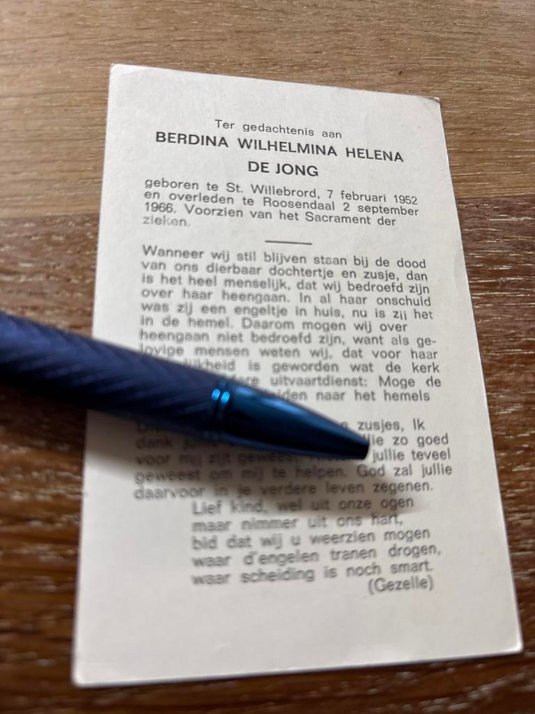 Jong der Berdina 1952 St Willebrord 1966 Roosendaal, Ophalen of Verzenden, Bidprentje