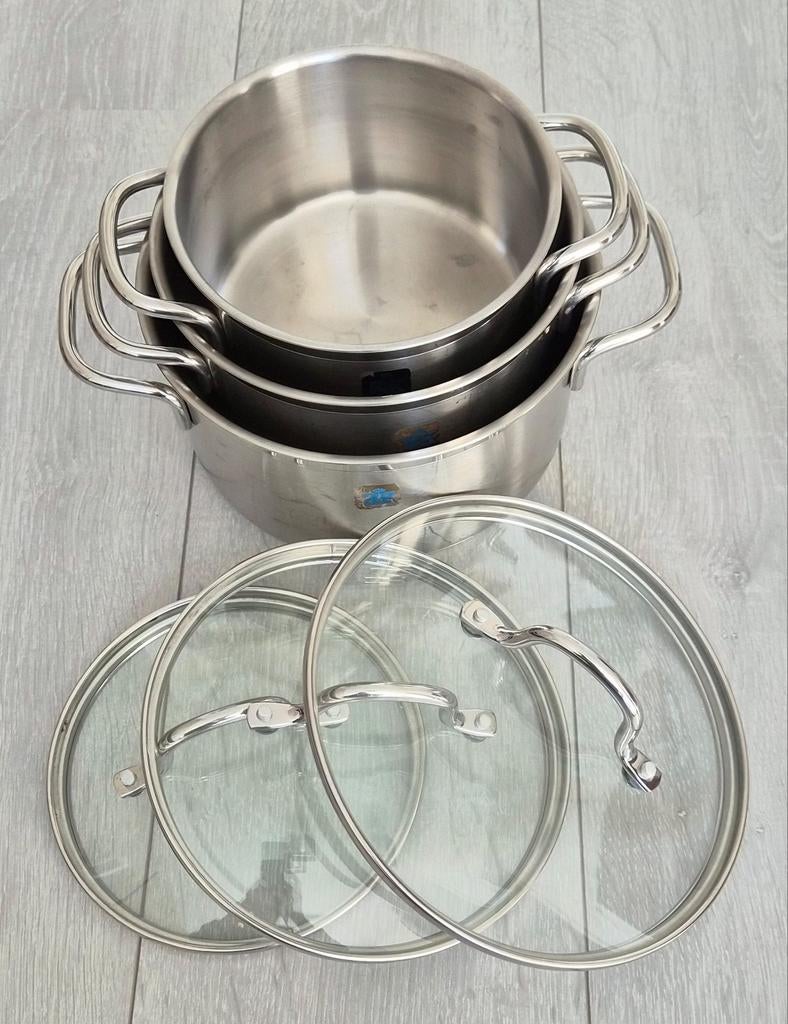 3 BK pannen met deksel, Gebruikt, Pannenset, Ophalen of Verzenden, Rvs