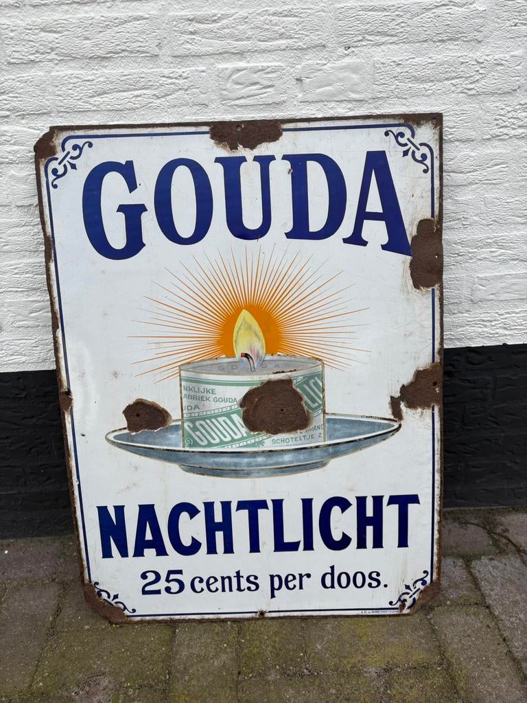Gouda nachtlicht emaille reclamebord, Verzamelen, Merken en Reclamevoorwerpen, Ophalen of Verzenden, Gebruikt, Reclamebord