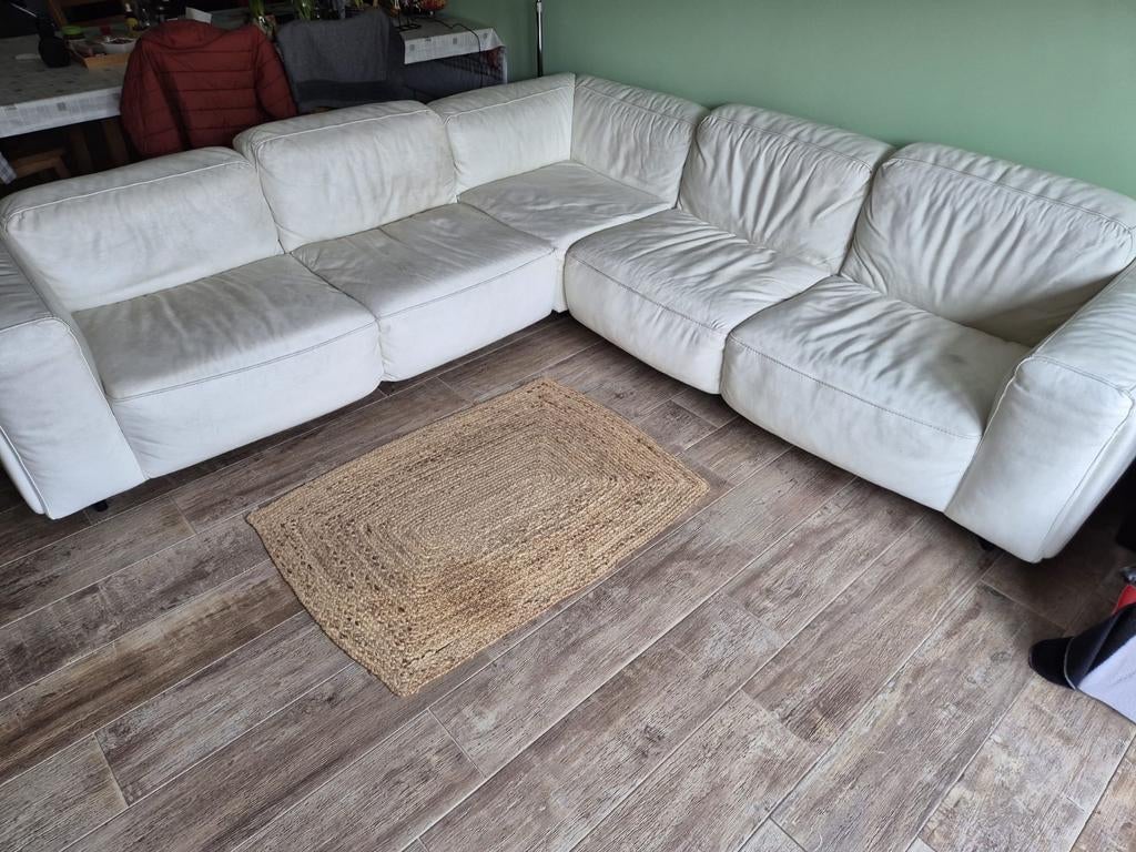 Witte leren hoekbank - Ruim en comfortabel, Huis en Inrichting, Banken | Bankstellen, Gebruikt, Hoekbank, 300 cm of meer, Leer