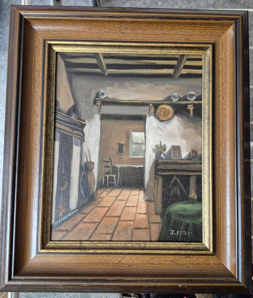 Schilderij 'Interieur' van J. Kok in houten lijst, Antiek en Kunst, Kunst | Schilderijen | Klassiek, Ophalen of Verzenden