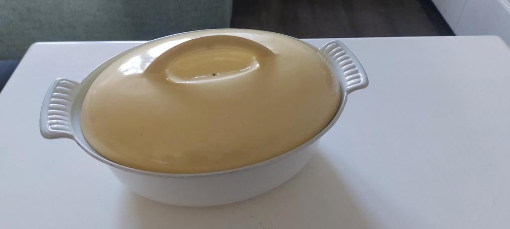 Vintage Dru emaille gietijzeren pan geel braadpan, Huis en Inrichting, Keuken | Potten en Pannen, Ophalen of Verzenden, Gebruikt