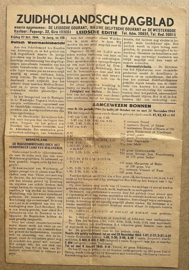 Zuidhollandsch Dagblad - Leidse editie 27 oktober 1944, Verzamelen, Tijdschriften, Kranten en Knipsels, Krant, Nederland, 1940 tot 1960