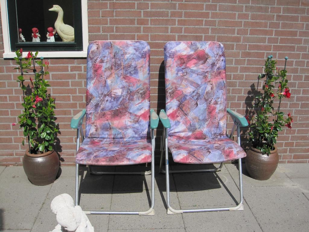 2 Lallemand  lichtgewicht 5 standen stoelen  met kussens., Ophalen of Verzenden, Gebruikt, Aluminium, Inklapbaar