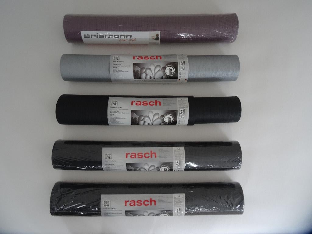4 rollen Rasch en 1 rol Erismann vliesbehang, nieuw, Ophalen of Verzenden, 10 tot 25 m², Zwart