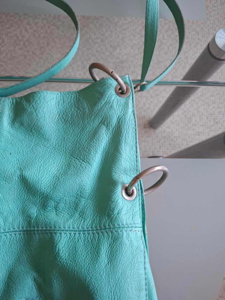 Turquoise leren schoudertas, Ophalen of Verzenden, Gebruikt, Blauw, Leer