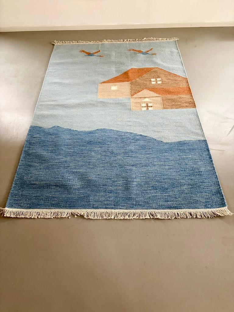 Handgeweven wollen rollakan “Swedish landscape”, 100 tot 150 cm, Geen, Geen, Scandinavisch design, beachhouse