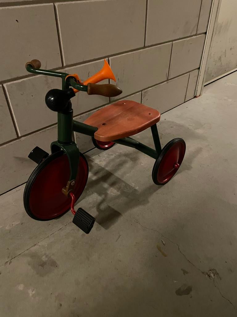 Vintage Kinderdriewieler - Groen/Rood met Houten Zitting, Ophalen, Gebruikt