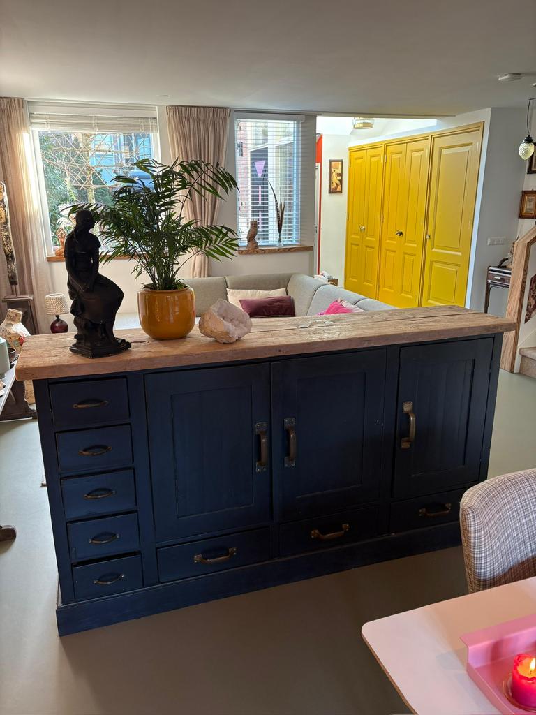 Stoer Brocante Dressoir / Bar / Roomdivider extra hoog, Huis en Inrichting, Kasten | Dressoirs, Teakhout, Met deur(en), Ophalen of Verzenden