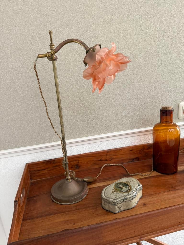 Antieke franse schemerlamp metaal met glas, Huis en Inrichting, Lampen | Tafellampen, Ophalen of Verzenden, Zo goed als nieuw