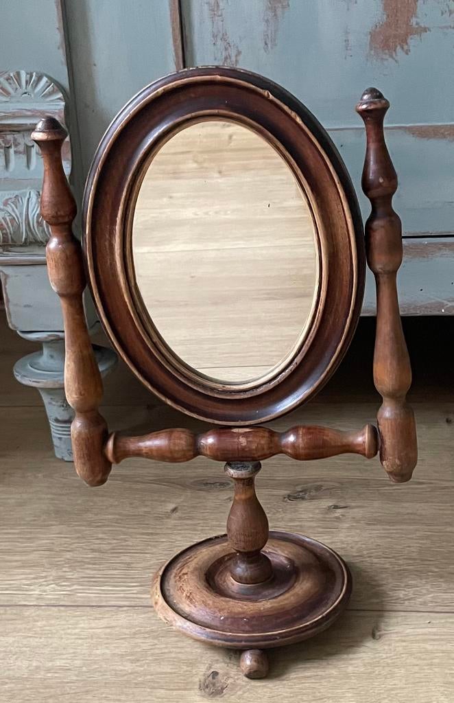 Antieke spiegel verstelbaar hout kantelbaar, Ophalen of Verzenden, Rechthoekig, Minder dan 50 cm