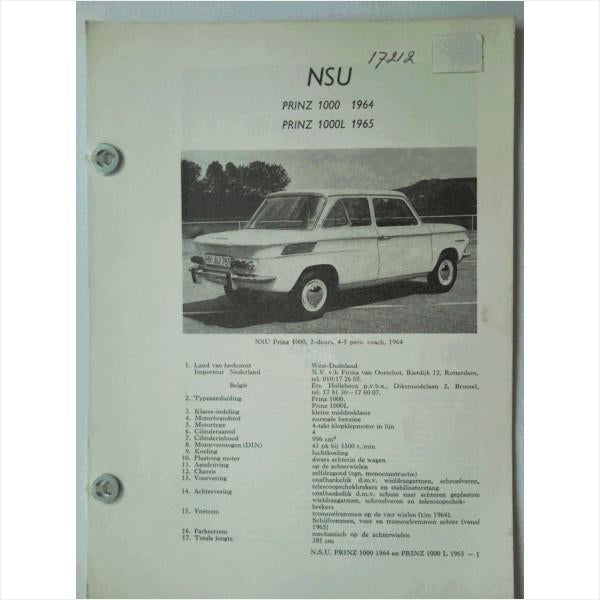 NSU Prinz 1000 1000L Vraagbaak losbladig 1965 #1 Nederlands, Ophalen of Verzenden, Gelezen, Overige merken