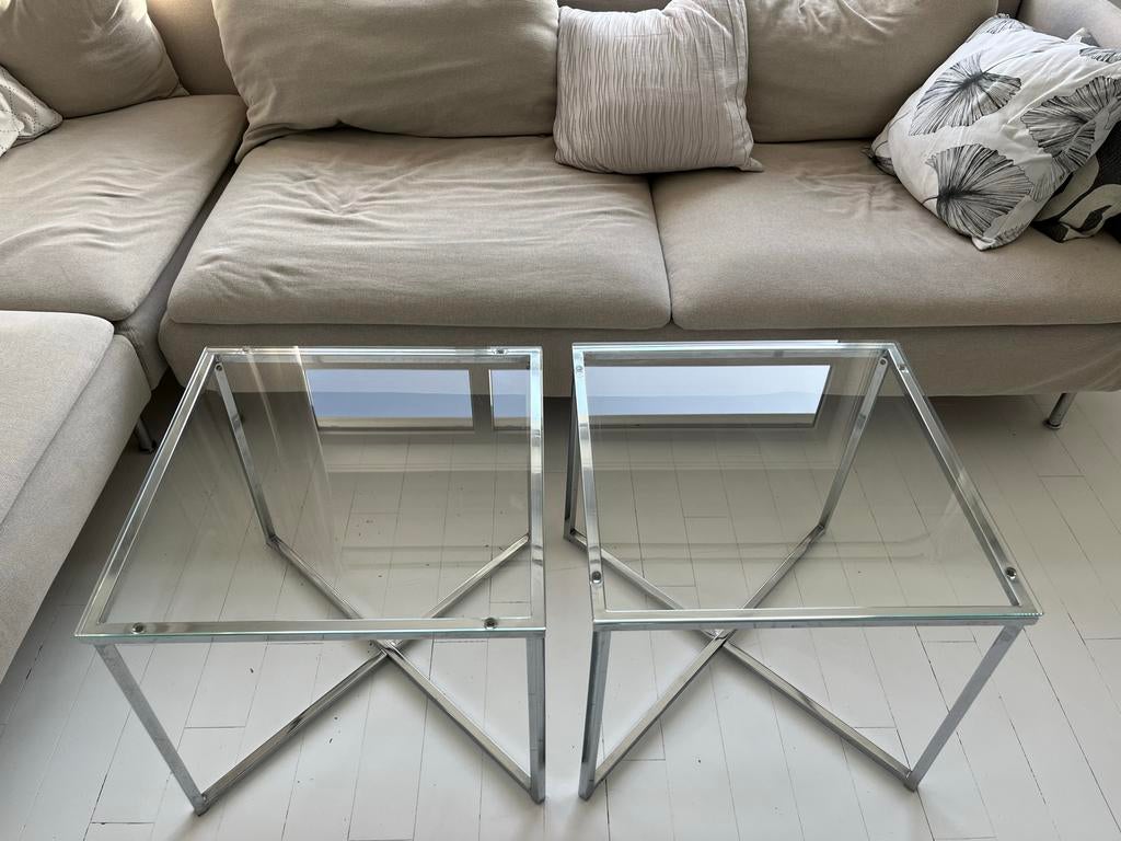 Glazen bijzettafels met chroom onderstel (50x50x45), Huis en Inrichting, Tafels | Bijzettafels, Gebruikt, Vierkant, 45 tot 60 cm