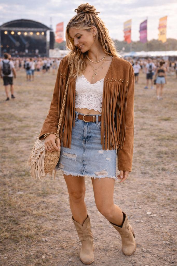 Boho suede-look jasje met franjes & studswestern statement, Maat 38/40 (M), Bruin, Ophalen of Verzenden, Zo goed als nieuw