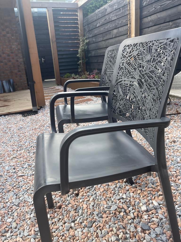 Set van 6 design tuinstoelen Charlotte City Map Parijs, Tuin en Terras, Ophalen, Kunststof, Gebruikt, 6 zitplaatsen