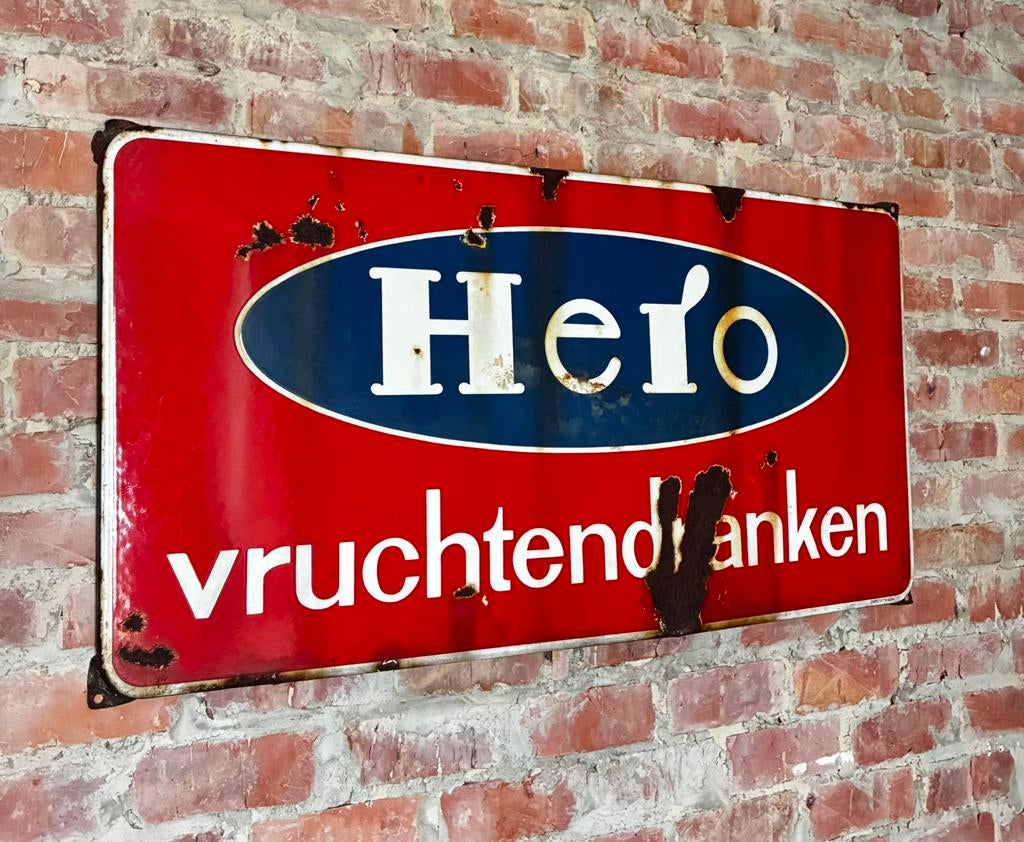 Emaille bord - Hero Vruchtendranken - Langcat Bussum, Ophalen of Verzenden, Gebruikt, Reclamebord