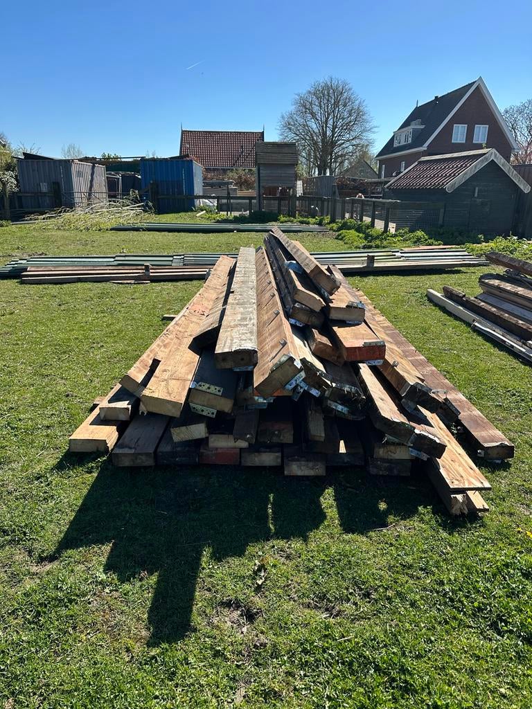 Houten balken (constructie afgebroken schuur), Doe-het-zelf en Verbouw, Hout en Planken, Gebruikt, Ophalen of Verzenden, Balk