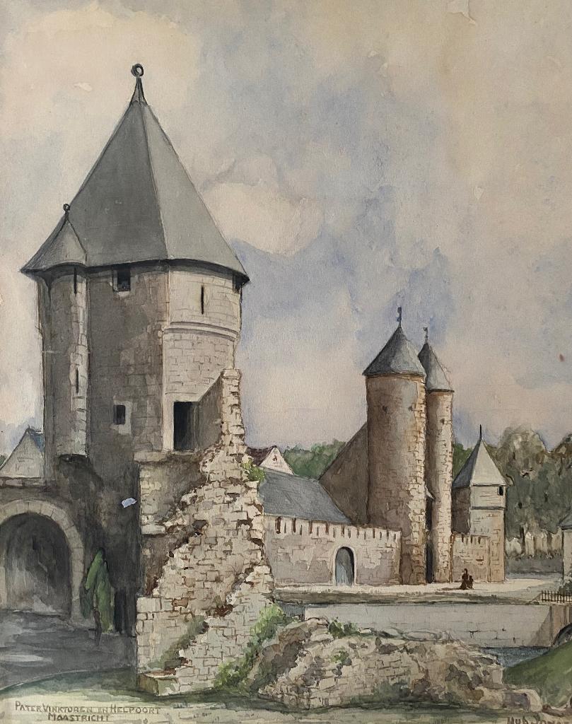 Aquarel van Helpoort, Pater Vinktoren Maastricht, Hub Jonas, Antiek en Kunst, Kunst | Schilderijen | Klassiek, Ophalen of Verzenden