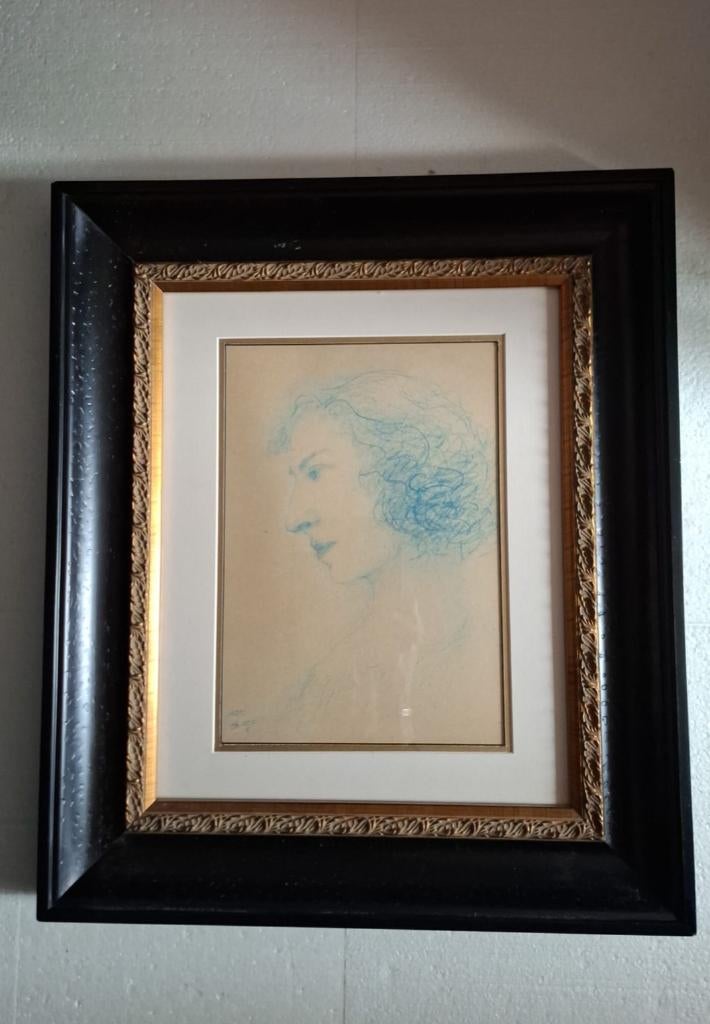 Portrait in blue color-pencil, signed Marc Chagall, Antiek en Kunst, Ophalen of Verzenden