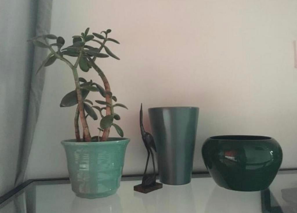 Vintage groen geglazuurde jaren ‘50 bloempotten diverse, Binnen, Ophalen of Verzenden, Zo goed als nieuw, Overige vormen