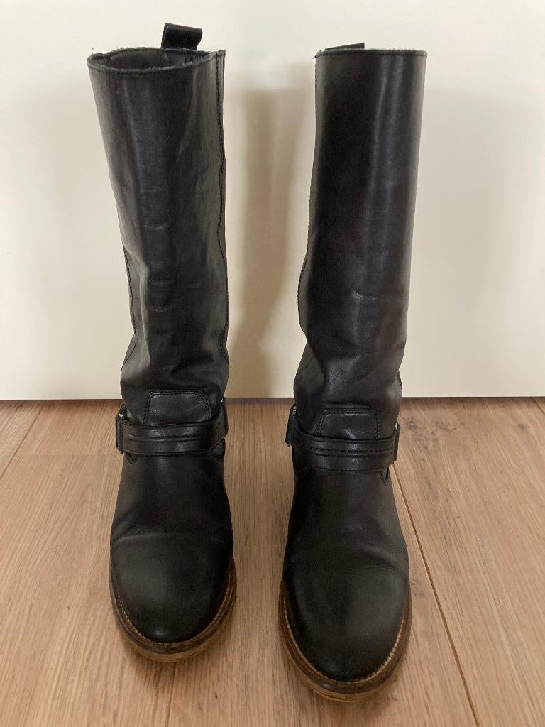 Zwart leren laarzen met gesp, Hoge laarzen, Zwart, Ophalen of Verzenden, Onbekend