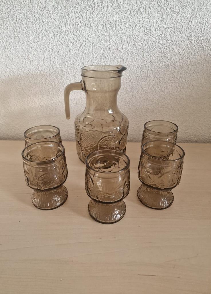 Vintage set glazen en karaf merk Italy rookglas drinkglazen, Ophalen of Verzenden, Zo goed als nieuw, Overige typen