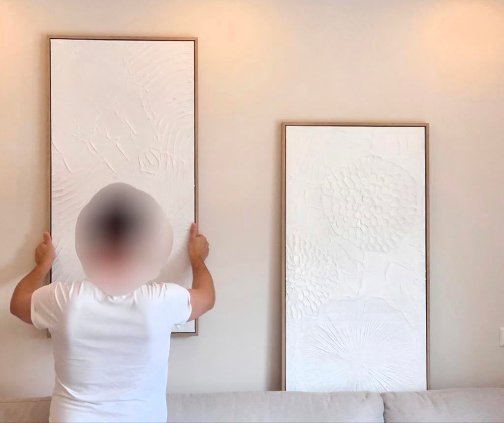 Twee schilderijen wandpaneel wit met hout wanddecoratie, Ophalen