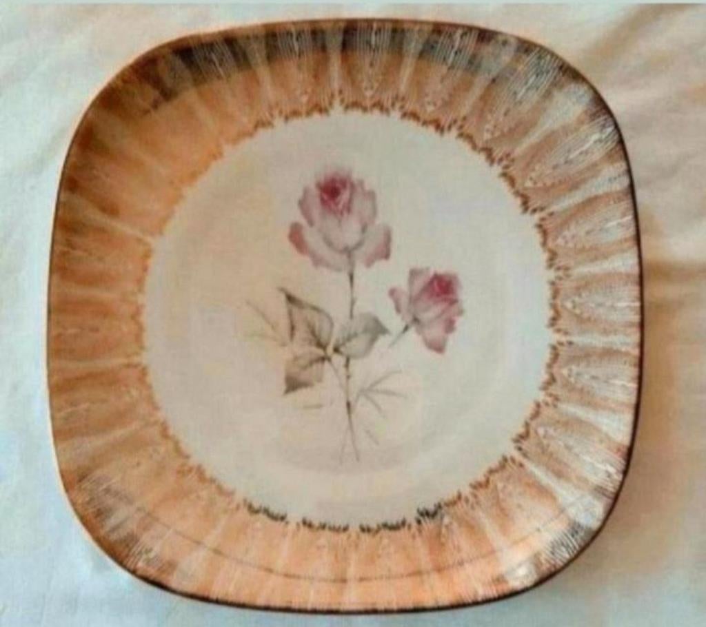 Vintage Elfenbein Bavaria vierkante schaal roze roos gouden, Ophalen of Verzenden