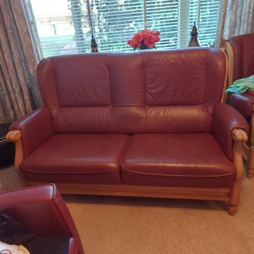 Lederen /eiken 2 zitsbank + 1 stoel, Ophalen, Gebruikt, Klassiek, 150 tot 200 cm