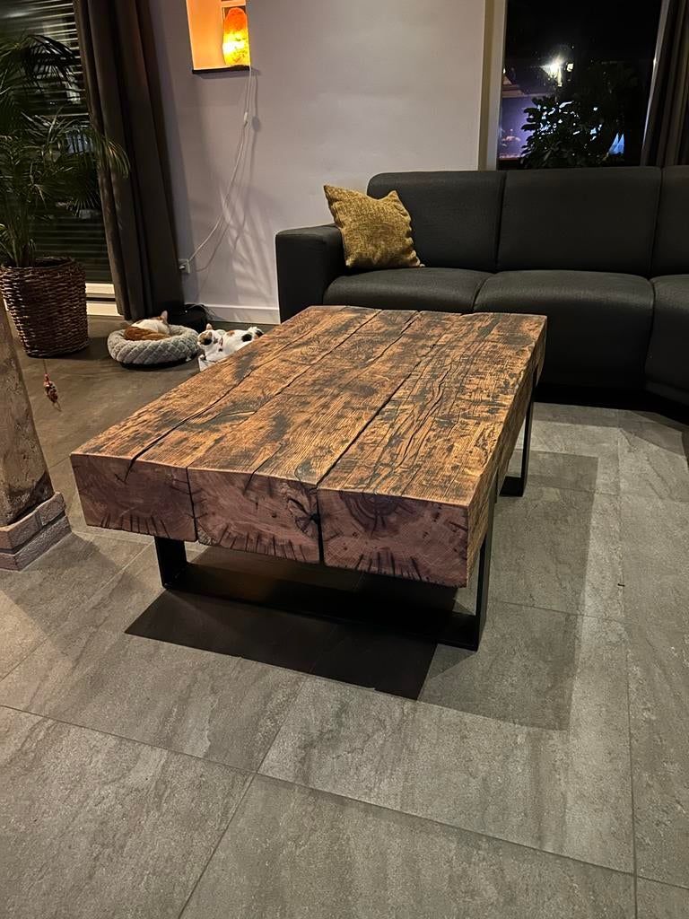 Robuuste Oud Eiken Bielzen Salontafel - Uniek & Duurzaam!, Huis en Inrichting, Tafels | Salontafels, Ophalen, Gebruikt, 100 tot 150 cm