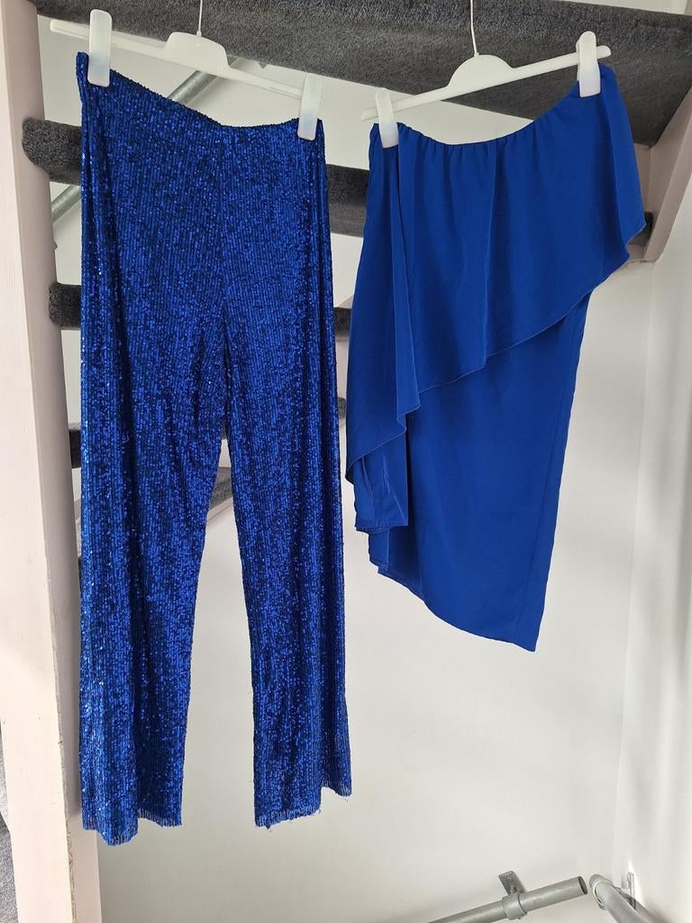 Feestelijke blauwe glitter broek en top set - Maat L, Blauw, Maat 42/44 (L), Ophalen of Verzenden, Lang