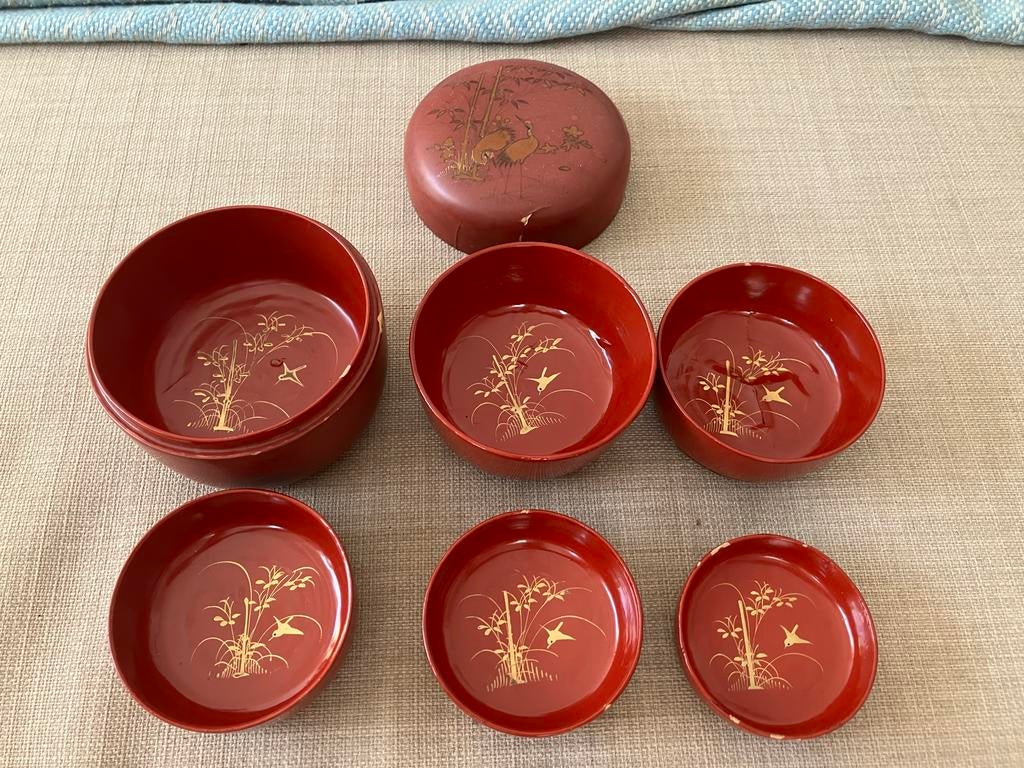 Vintage Japanse Lakwerk Kommenset met Kraanvogels, Ophalen