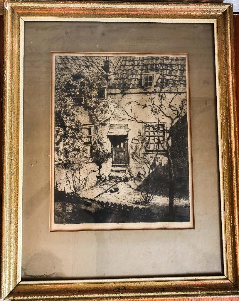 Jan Poortenaar (1886-1958) - ets van oude huisje, Ophalen of Verzenden, Ingelijst, Dagelijks leven, 1950 - 1999