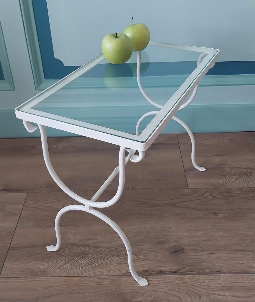 Bijzet tafeltje, jaren 50 smeedijzer wit, glasplaat. Vintage, Ophalen, Minder dan 50 cm, Gebruikt, Vintage jaren 50, romantisch