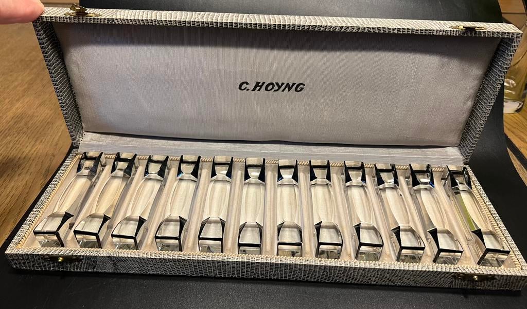 Mooie 12 Art Deco kristal met zwart messenleggers in doos., Ophalen of Verzenden