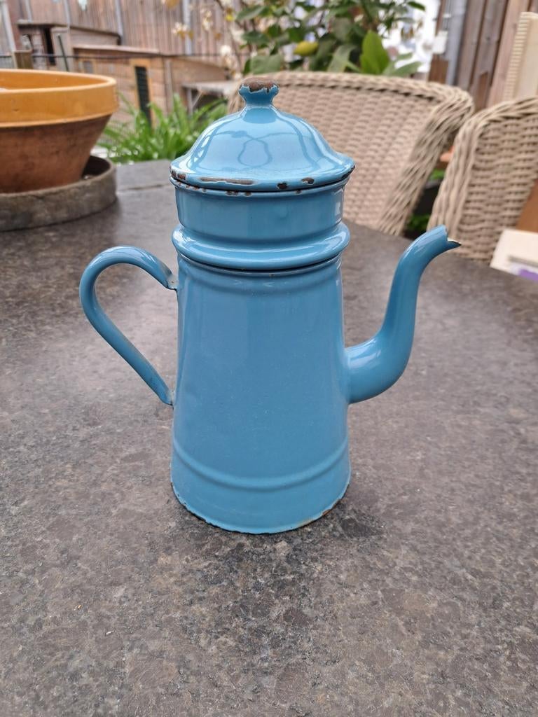 Zeldzame Deense blauwe emaille koffiekan, compleet, Antiek en Kunst, Antiek | Emaille, Ophalen of Verzenden