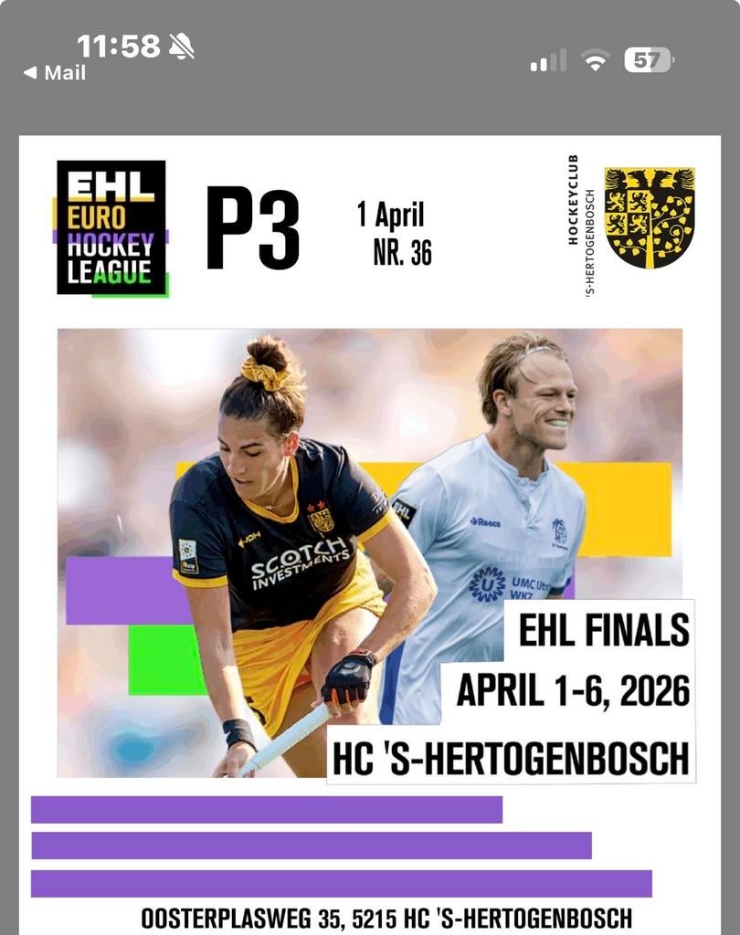 8 Tickets Finale Euro Hockey League(inc 96€ horeca) 1 april, Drie personen of meer