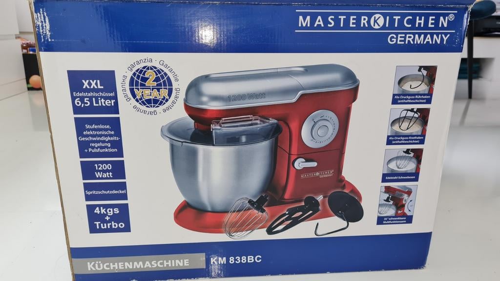 MasterKitchen Keukenmachine KM 838BC-1200W, 6.5L Rood, Ophalen, 4 liter of meer, Nieuw, 3 snelheden of meer