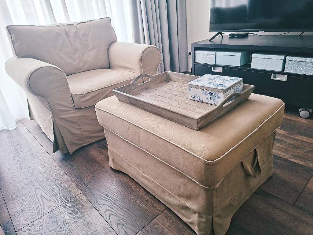 2 x Ikea EKTORP Fauteuil plus voetenbankje, Huis en Inrichting, Ophalen, Gebruikt, 100 tot 125 cm, Scandinavisch