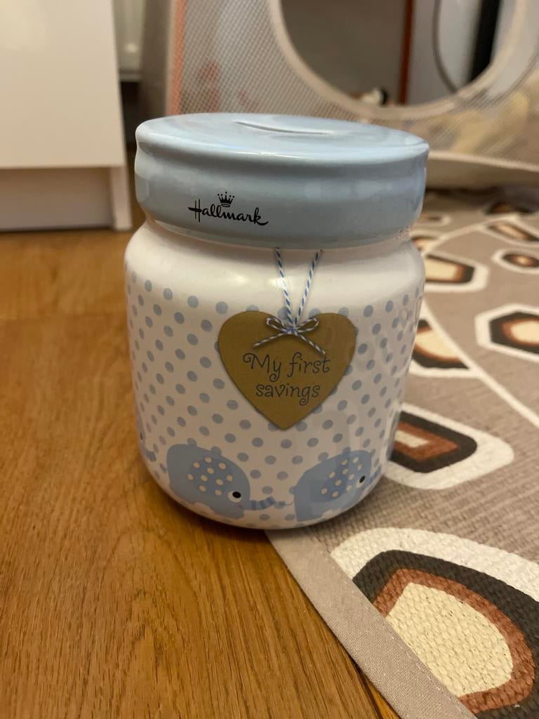 Hallmark spaarpot 'My first savings' met olifantjes, Ophalen, Zo goed als nieuw, Steen, Aardewerk of Keramiek, Dier