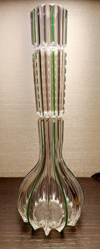 Vintage Franse Kristallen Bloemenvaas met Groene Accent, Ophalen of Verzenden