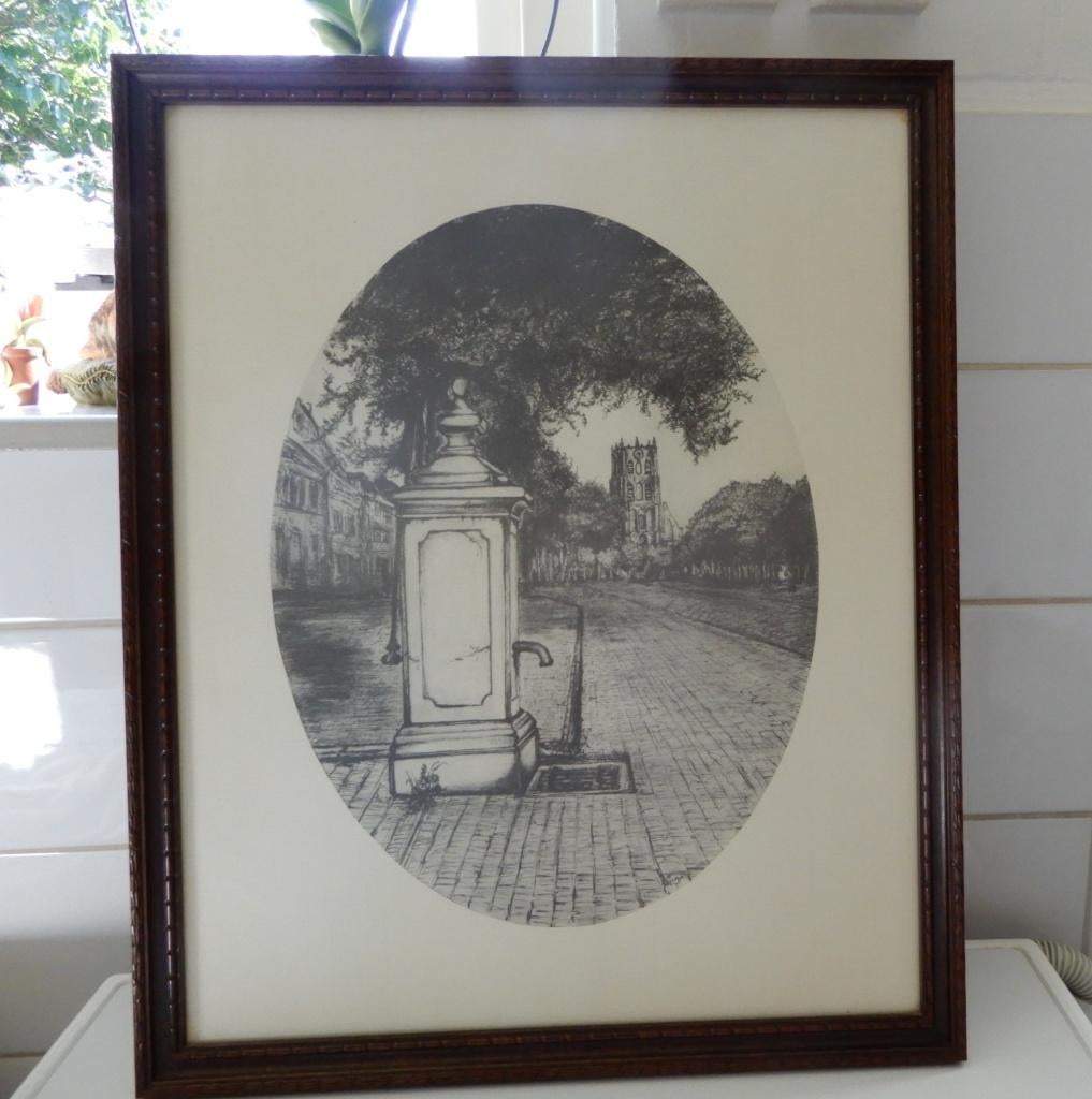 Ets, litho, pomp op markt in Geertruidenberg, mooi ingel., Ophalen of Verzenden