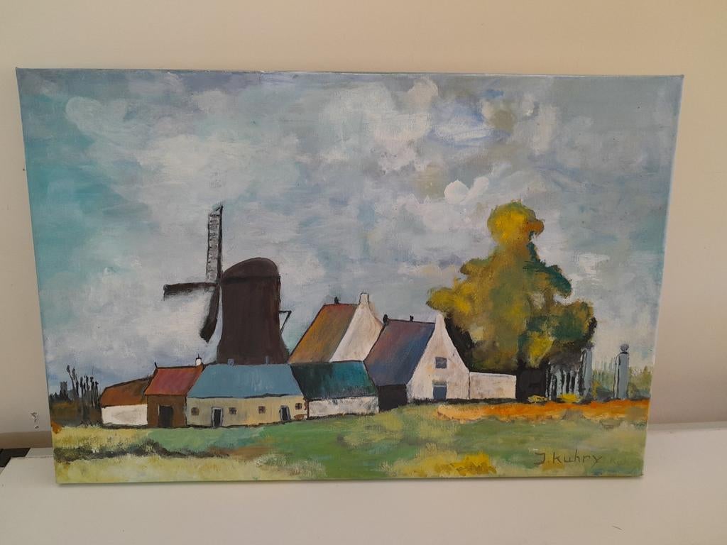 Schilderij 'dorpje' van J. Kuhry, 2012, Antiek en Kunst, Ophalen of Verzenden