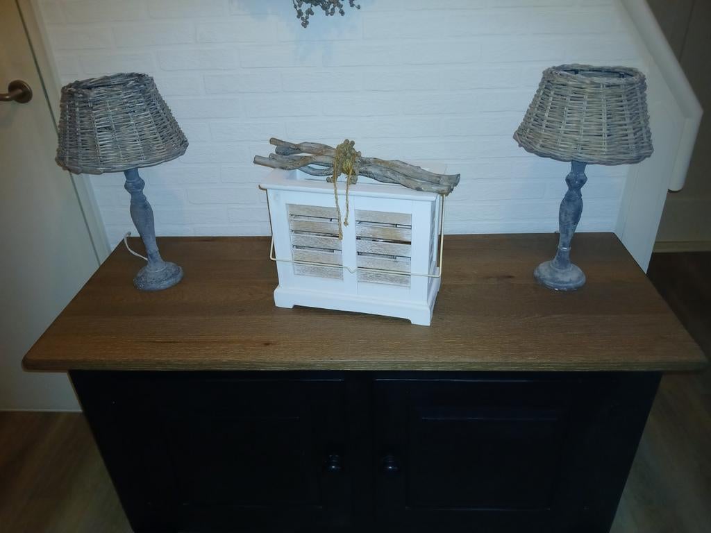 2 grijze schermer lampjes +houten witte lantaarn., Ophalen of Verzenden