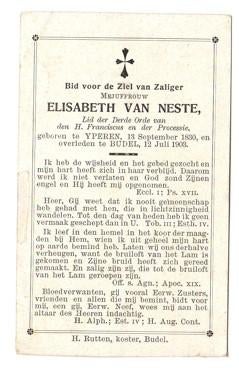 Elisabeth van Neste 1830 Yperen + 1903 Budel, 72 jaar oud, Verzenden