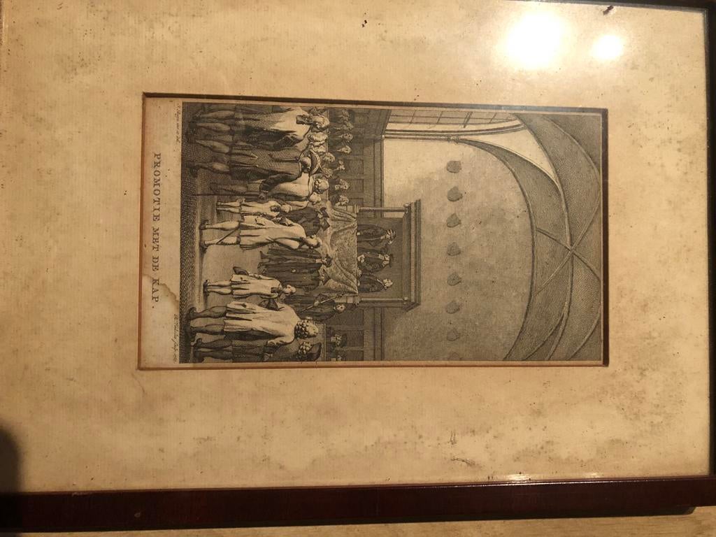 Oude gravure - Promotie met de nap, Antiek en Kunst, Ophalen of Verzenden